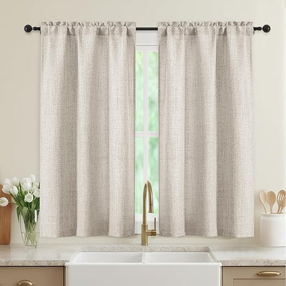 Linen Kitchen Curtains 45 Inch Length 2 Panels, Light Filtering Faux Linen by WelvetBLK