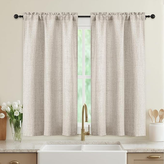 Linen Kitchen Curtains 45 Inch Length 2 Panels, Light Filtering Faux Linen by WelvetBLK
