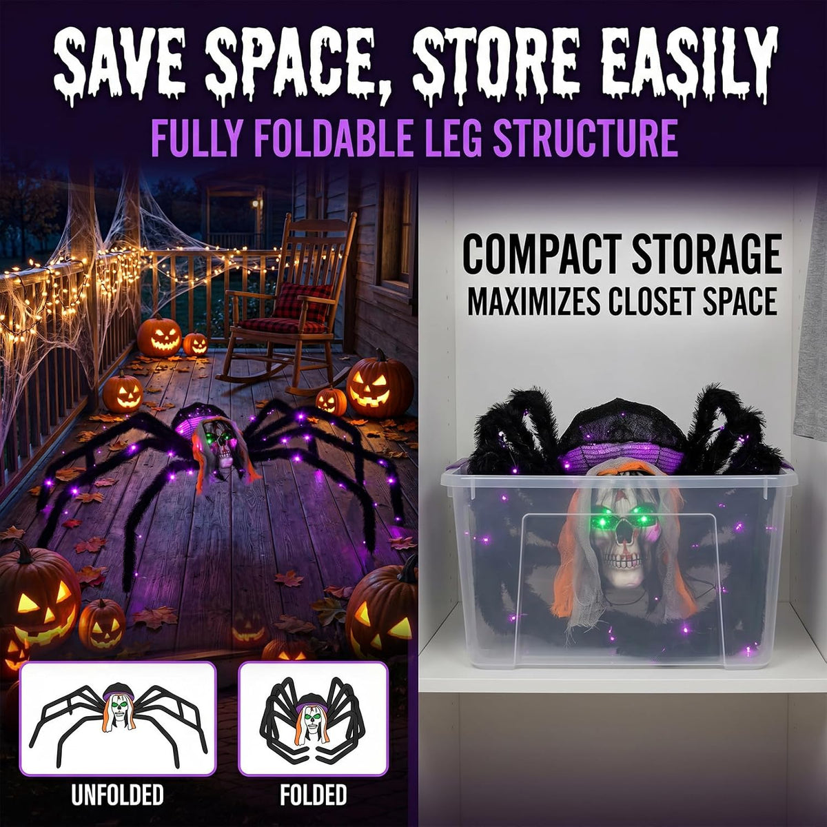 52" Halloween Giant Skull Face Spider, Lighted Outdoor Decoration with Flashing Red & Green Eyes, 70 LED Glowing Spider for Yard, Lawn, Porch, Haunted House Decor (52" Floor-Standing)