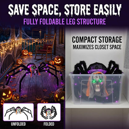 52" Halloween Giant Skull Face Spider, Lighted Outdoor Decoration with Flashing Red & Green Eyes, 70 LED Glowing Spider for Yard, Lawn, Porch, Haunted House Decor (52" Floor-Standing)