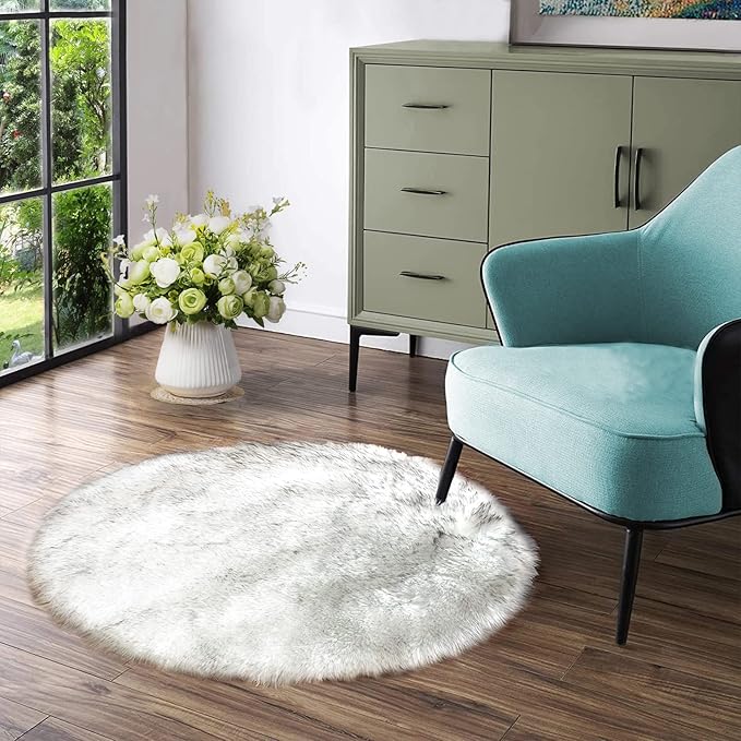 Latepis White with Grey Tips Round Rugs 5ft Washable Faux Sheepskin Fur Rug by Latepis