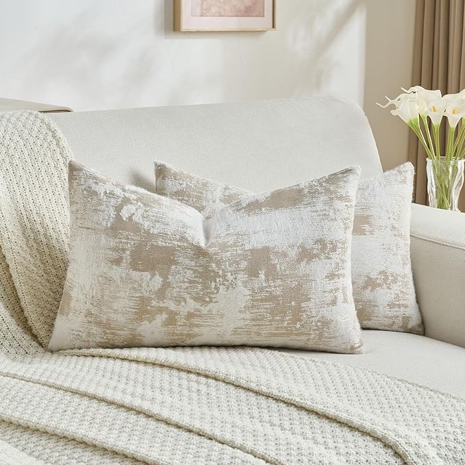 FUTEI Brown White Decorative Throw Pillow Covers 12x20 Inch Set of 2, Soft Faux by FUTEI