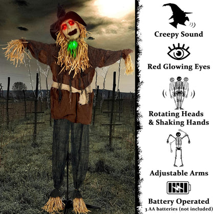 ATDAWN 6FT Halloween Standing Scarecrow, Life-Size Animated Ghost Decor with Light-up Eyes, Spooky Sound, Moving Arms & Head, Sound Activated Haunted House Props for Halloween Party Decorations
