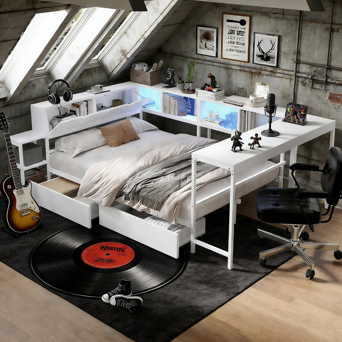 bellemave full size corner bed frame with storage shown in use