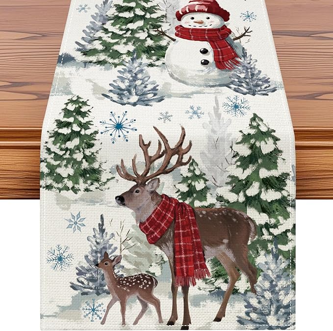 Artscope Reindeer Snowman Christmas Tree Table Runner, Xmas Winter Snowflakes by Artscope