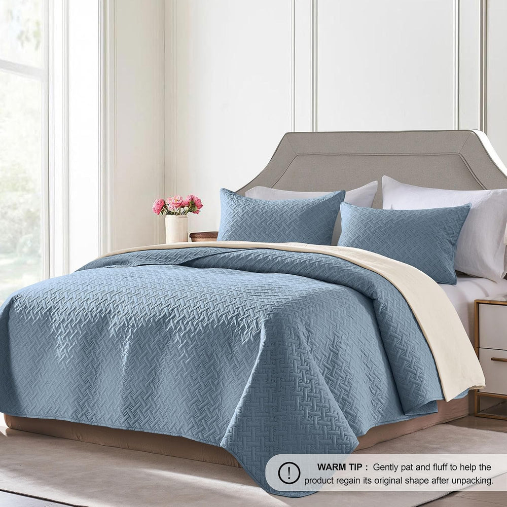 FLYMME Quilts King Size,Lightweight Dusty Blue Bedspreads,Basket Weave Patter...