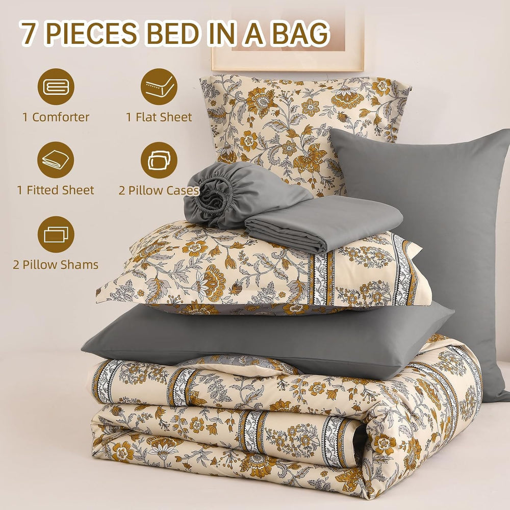 Comforter Set Full Size Boho,Bohemain Beige Bedding Paisley Floral 7 Pieces