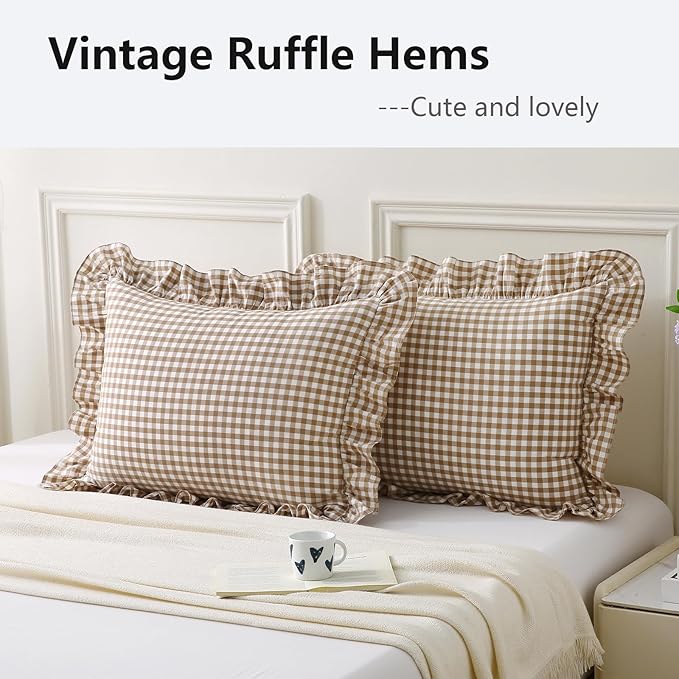 Aryeleay 2 Pack Taupe White Plaid Gingham Ruffle Pillow Shams King Size - Image 3