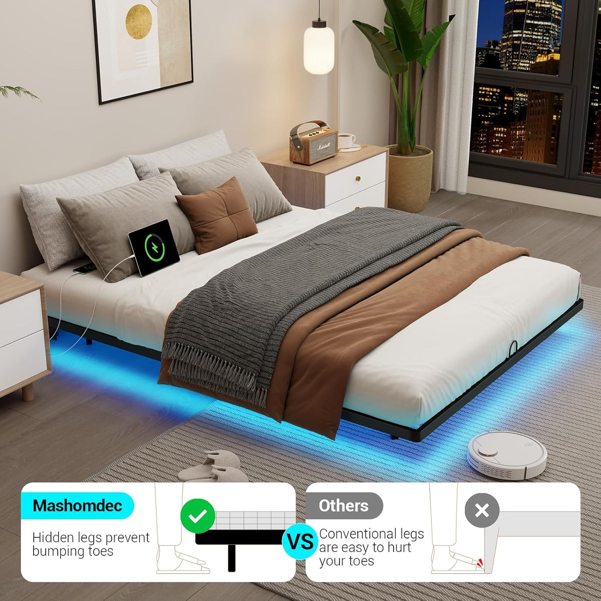 queen size floating metal bed frame with smart, side view