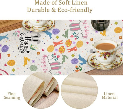 Happy Easter Table Runner, Easter Rabbits Linen Farmhouse Table Runners - Image 4