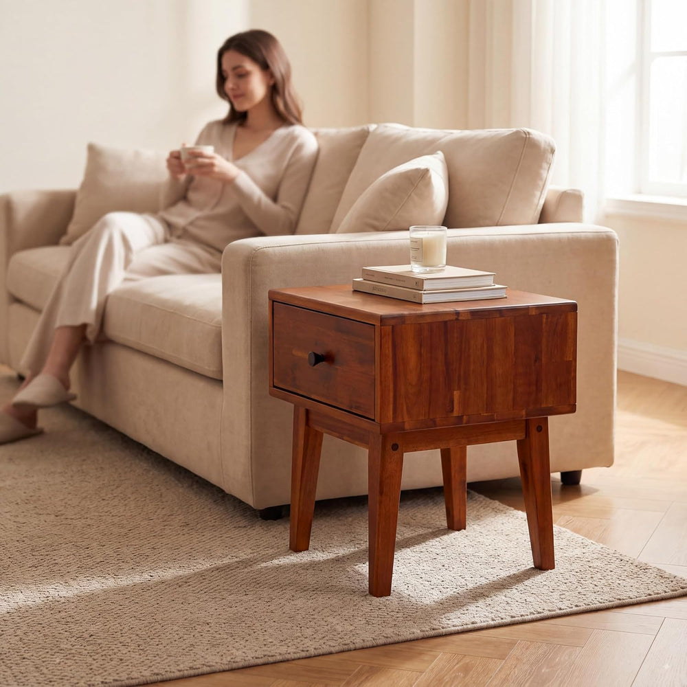 Acacia Sofia Nightstand with Drawer, Bedside Table, Solid Wood Bedside End Ta...