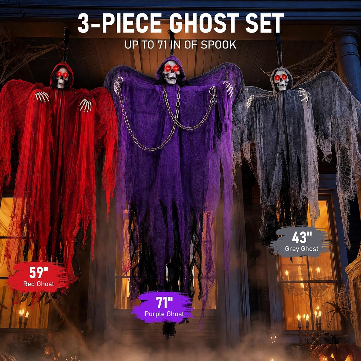 71" Halloween Hanging Skeleton Ghosts with Moving Grabbing Arm, Scary Sound & Glowing Red Eyes, 3 Pack Halloween Decorations Outdoor Flying Grim Reaper Set for Yard Porch Haunted House Props Décor