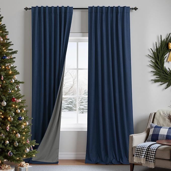 KOUFALL Navy Blue Curtains 108 Inches Long Blackout Linen Back Tab Pleated by KOUFALL
