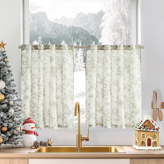 jinchan Linen Floral Tier Curtains 36 Inch Christmas Decorations Farmhouse by JINCHAN