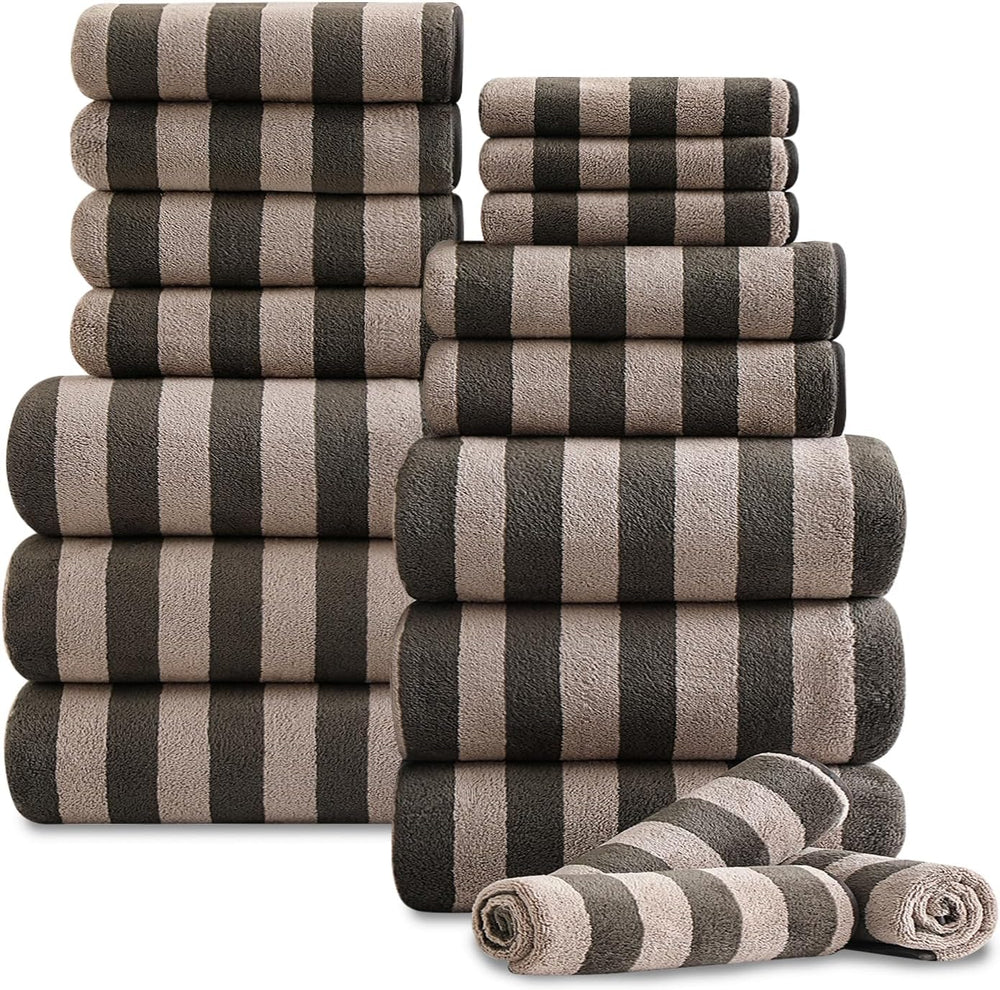 18 Pcs Brown Cabana Stripe Bath Towel Set with Hanging Loop-6 Bath Towels,6 H...