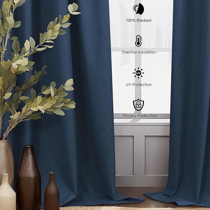 Navy Blue Drapes 96 Inch Long 2 Panels Back Tab Blackout Window Treatment - Image 6