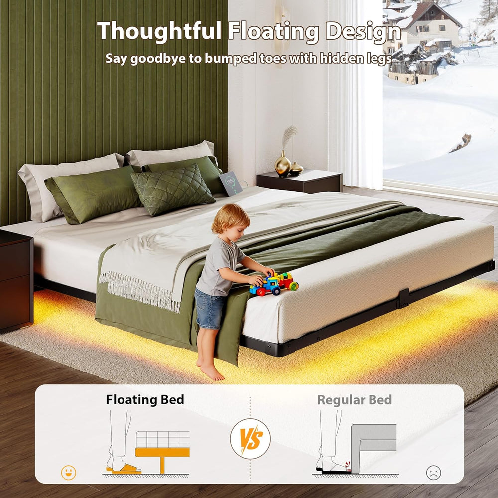 Floating Bed Frame Queen Size, Smart LED Lights & Charging Station, 9.45&...