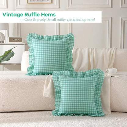 2 Pack Spa Blue White Plaid Ruffle Gingham Throw Pillow Covers, 100% Washed - Image 3