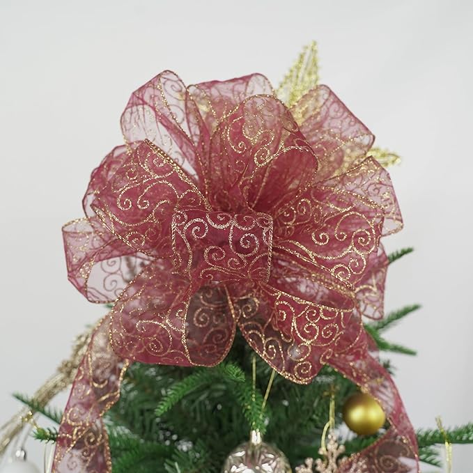 MEEDEE Red Gold Swirl Wired Ribbon 2.5 Inch Dark Red Sheer Ribbon - Image 6