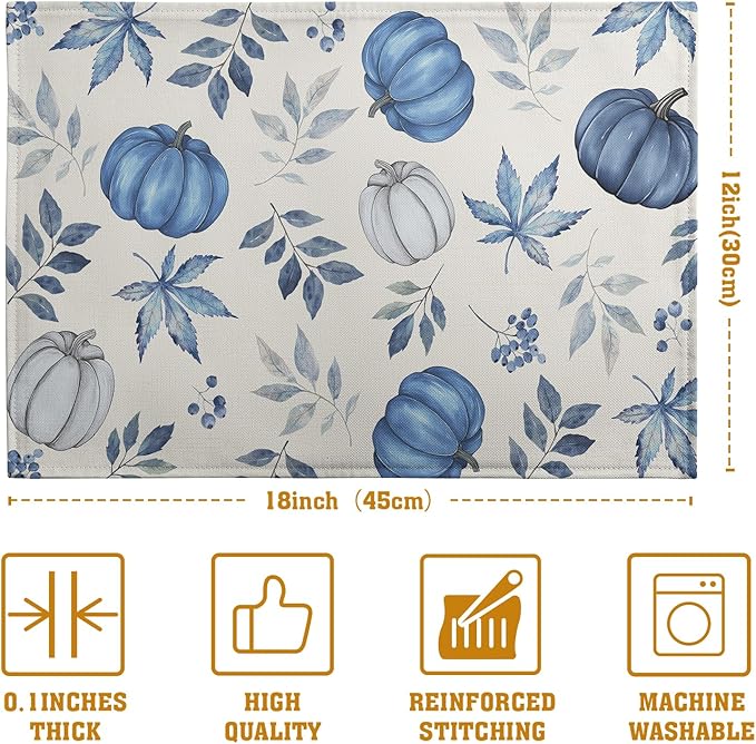 Blue Pumpkin Maple Leaves Fall Placemats Set of 4 Autumn Thanksgiving Harvest - Image 4