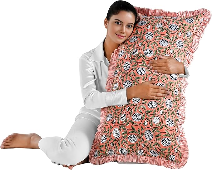 Ridhi Dark Salmon Pink 100% Cotton Block Print Ruffle Bed Sham Cover 20''×36'' - Image 6