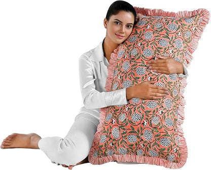 Ridhi Dark Salmon Pink 100% Cotton Block Print Ruffle Bed Sham Cover 20''×36'' - Image 6