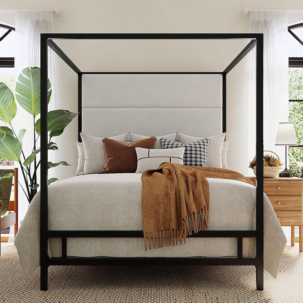 Merax Queen Size Metal Canopy Bed Frame, Modern Tall Upholstered Velvet Headb...