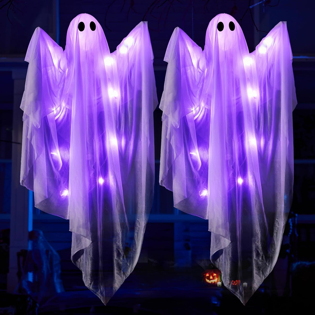JOYIN 2 Pcs 47” Halloween Hanging Light up Ghost Decorations Outdoor, Halloween White Hanging Ghosts with Purple LED Lights for Haunted House Prop, Party Supplies, Front Yard Patio Garden Decor