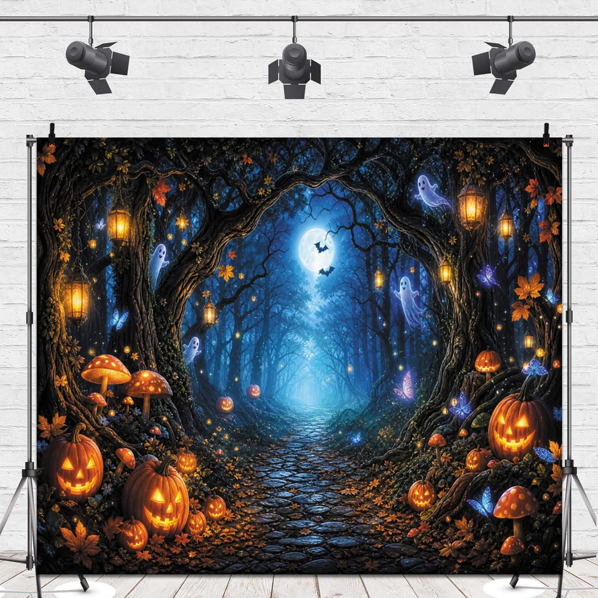 Leowefowa Halloween Enchanted Forest Backdrop 10x8ft Cute Ghost Glowing Lantern Evil Pumpkin Butterfly Photography Background for Halloween Party Magic Mushroome Photo Booth Props Vinyl
