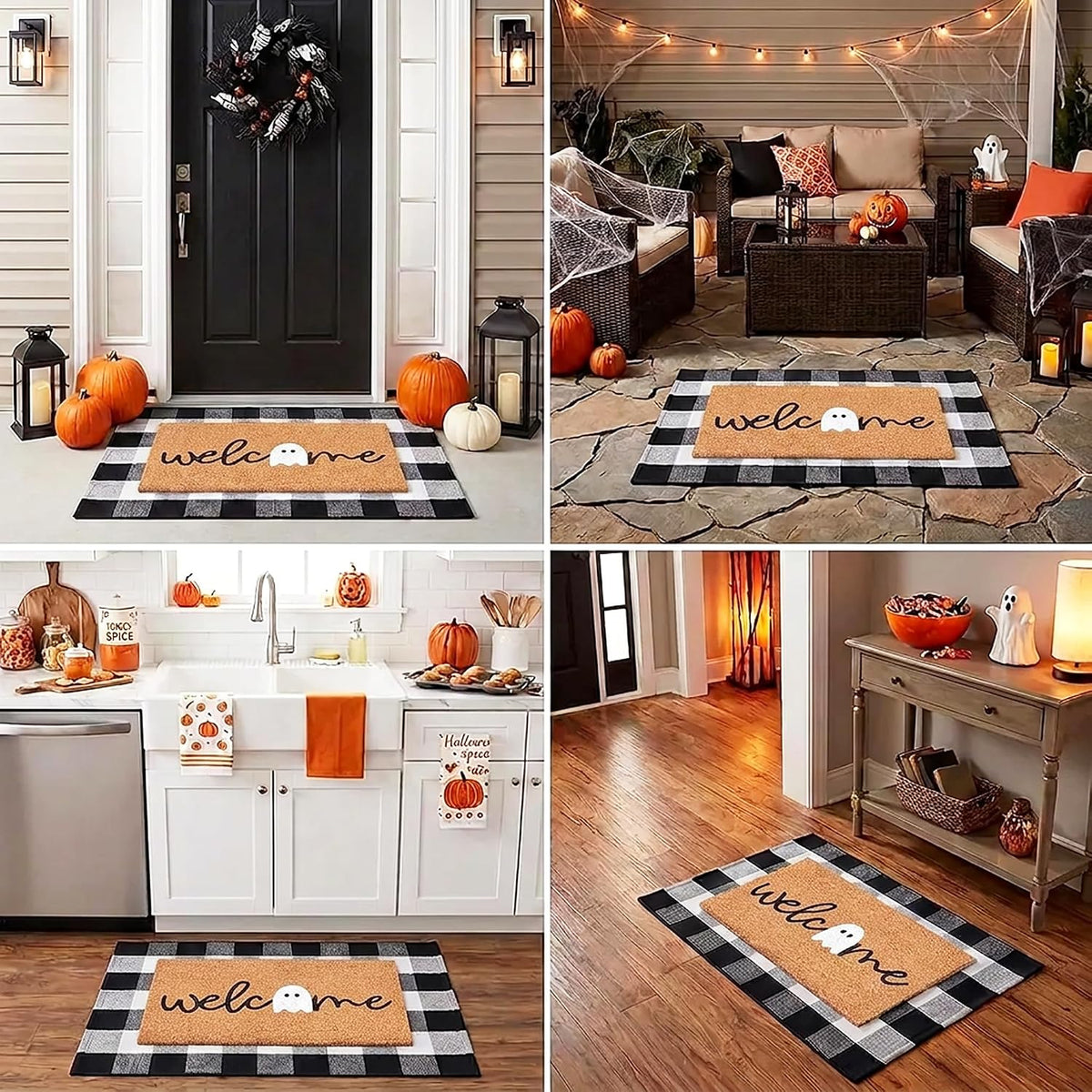 Halloween Door Mat Combo Set, Welcome Ghost Coco Coir Welcome Doormat + 28" x 43" Black and White Plaid Rug, Autumn Halloween Front Porch Entryway Decor Floor Mat