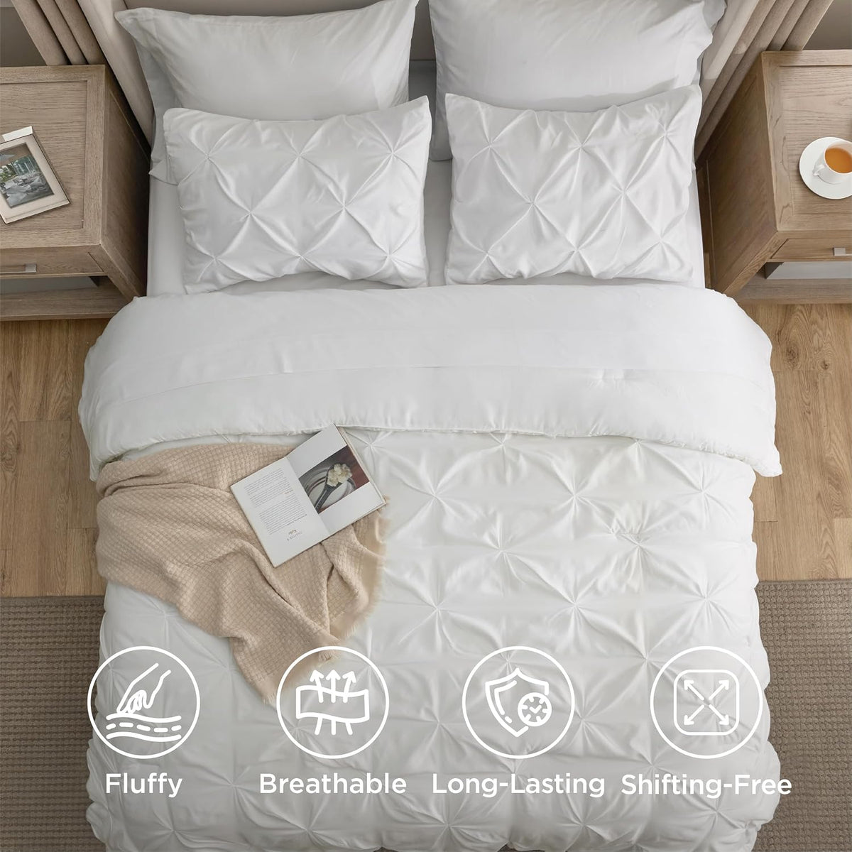 bedsure 7-piece white comforter & sheet set, queen, package contents