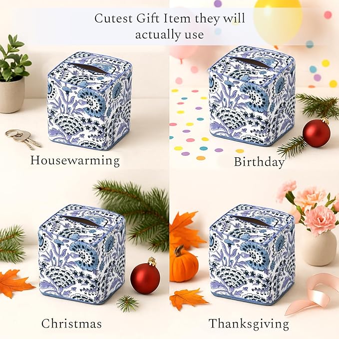 CPC Indigo Blue Hand Block Printed Cotton Tissue Box Cover 5" x 5" x 5.5" - Image 4