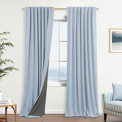 KOUFALL Light Blue Back Tab Linen Blackout Curtains 52x90 Inches Long by KOUFALL
