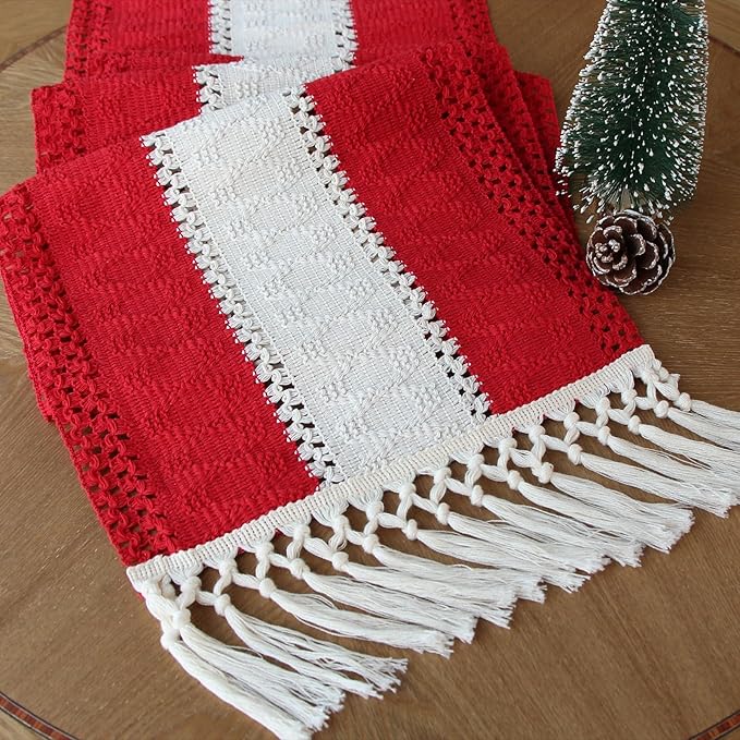FEXIA Boho Red Table Runner for Holiday Decoration 72 Inches Long Red & Cream by FEXIA