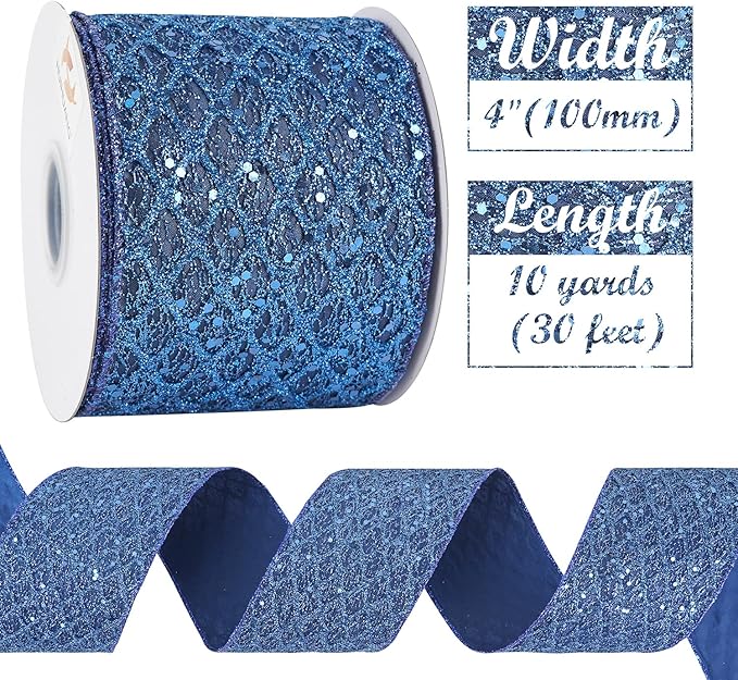 HUIHUANG Navy Blue Wired Christmas Ribbon 4 inch Navy Glitter Wired Ribbon - Image 3