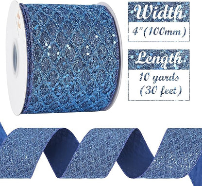 HUIHUANG Navy Blue Wired Christmas Ribbon 4 inch Navy Glitter Wired Ribbon - Image 3