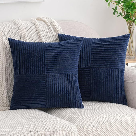 HWY 50 Navy Blue Corduroy Patchwork Throw Pillow Covers 20x20 Inch, Soft Cozy by HWY50