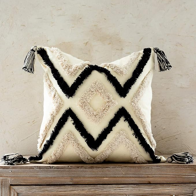 Woven Tufted Boho Throw Pillow Cover, Modern Decorative Geometric Chevron by Snugtown