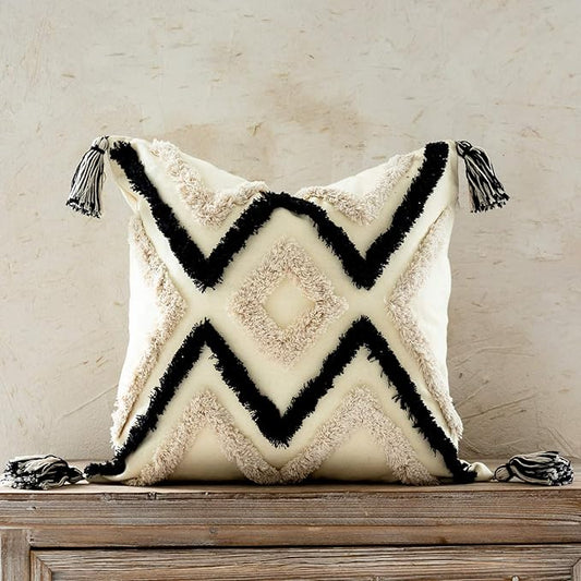 Woven Tufted Boho Throw Pillow Cover, Modern Decorative Geometric Chevron by Snugtown