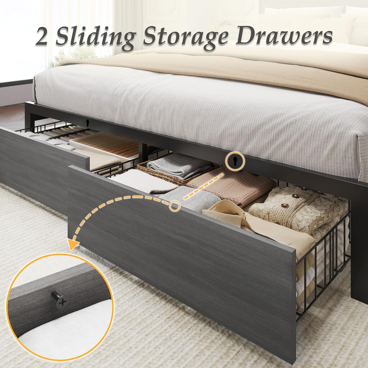 queen bed frame with charging station, led lights, package contents