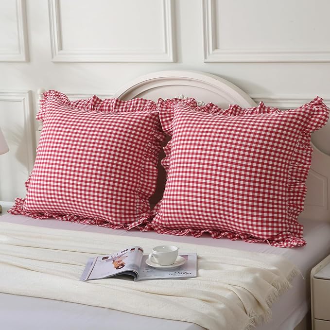 Red/White Checkered Ruffle Throw Pillow Covers Set of 2, Plaid Washed Cotton - Image 3