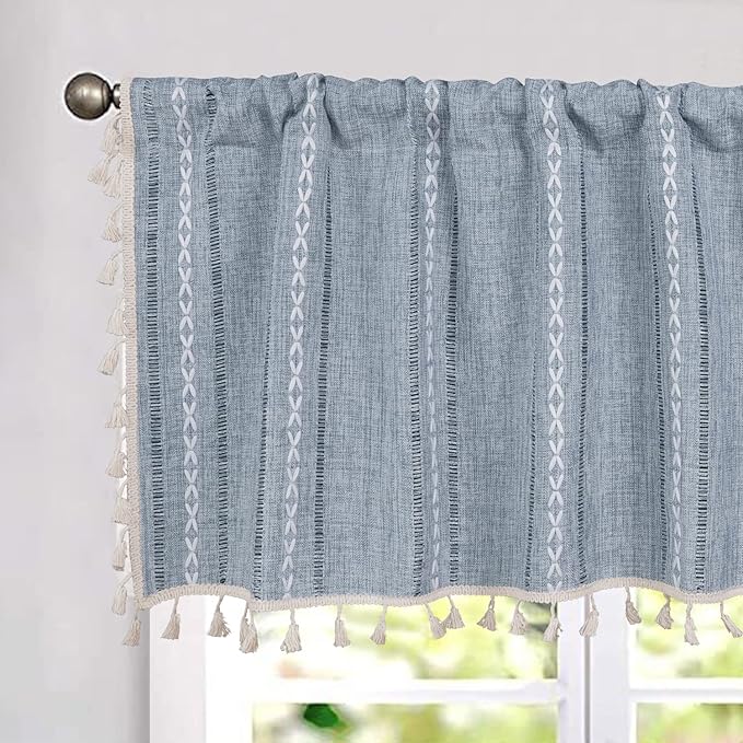 ColorBird Kitchen Short Curtains，52 x 18 inch Blue Striped Valance Curtains by ColorBird