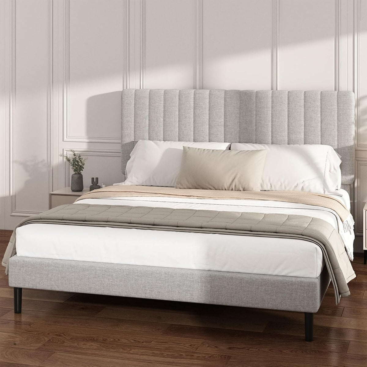 queen linen bed frame with vertical channel tufted, close-up detail