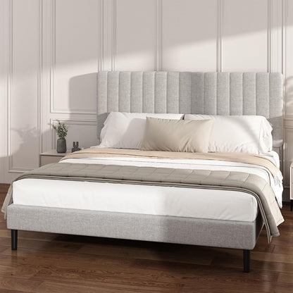 queen linen bed frame with vertical channel tufted, close-up detail