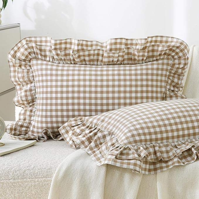 Aryeleay 2 Pack Taupe White Plaid Ruffle Throw Pillow Covers, 100% Cotton by Aryeleay