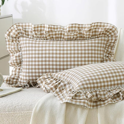 Aryeleay 2 Pack Taupe White Plaid Ruffle Throw Pillow Covers, 100% Cotton by Aryeleay