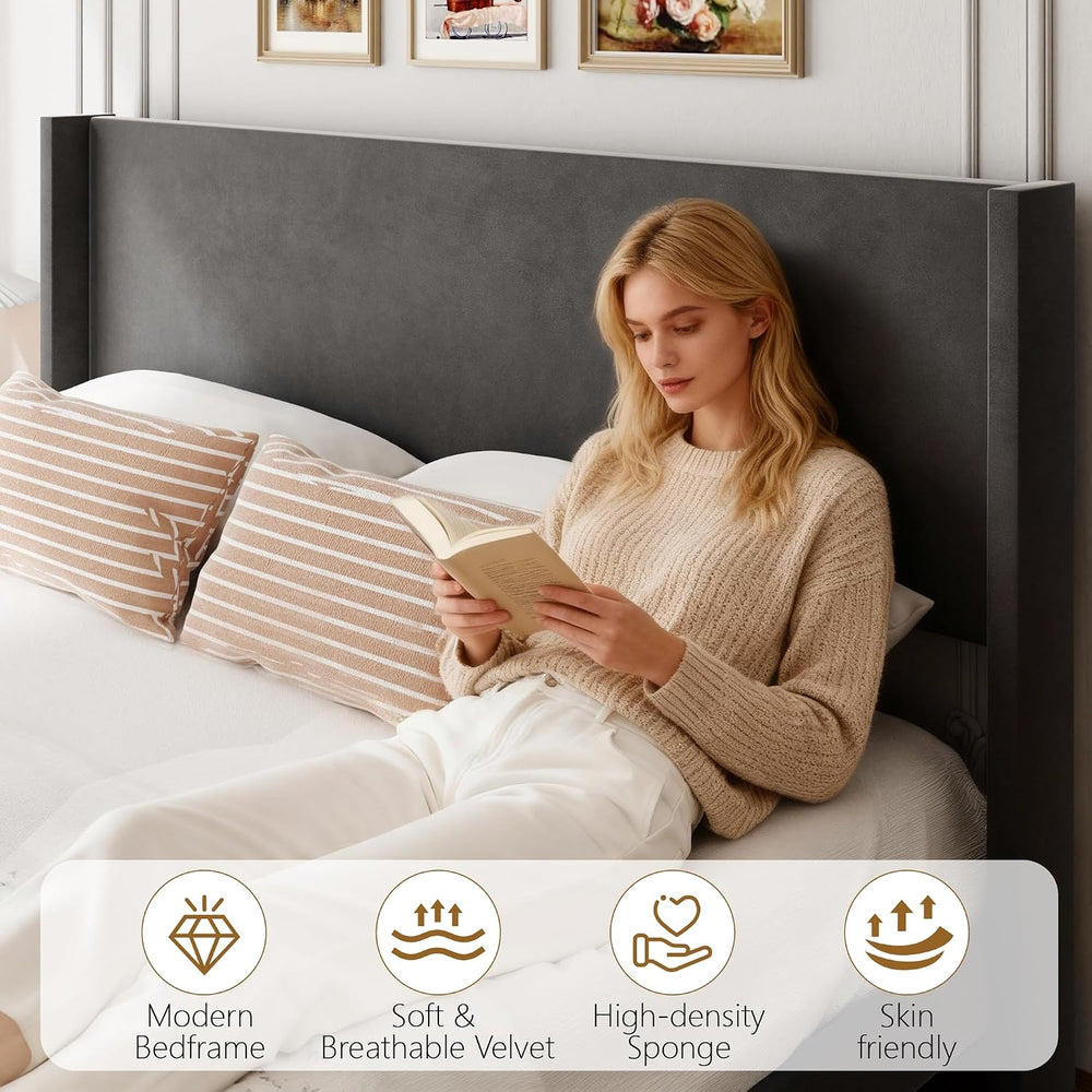 Sismplly Full Bed Frame with Wingback Headboard, Velvet Upholstered Platform ...