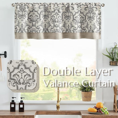 jinchan Linen Valance Curtain for Kitchen Vintage Damask Floral Blackout - Image 2
