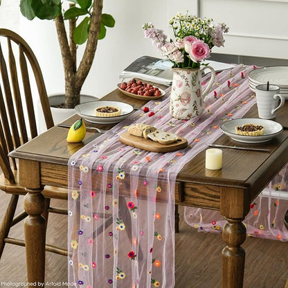 Artoid Mode Pink Embroidery Daisy Spring Gauze Table Runner 59x120 Inch 10FT - Image 3