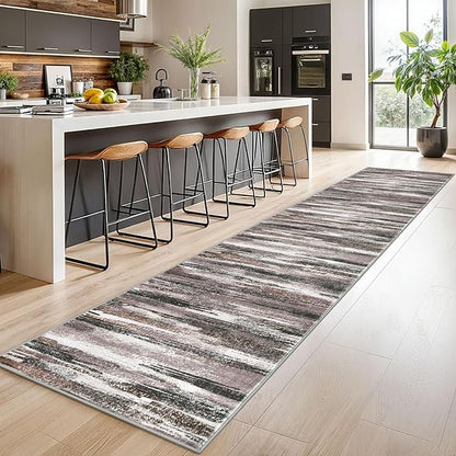 Modern Abstract Runner Rug 2.6x14, Dark Light Brown White Washable Long Kitchen - Image 2